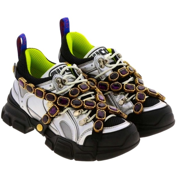 Gucci Shoes - New Gucci Flashtrek Chunky Silver Sneakers with Removable Crystals Size 37